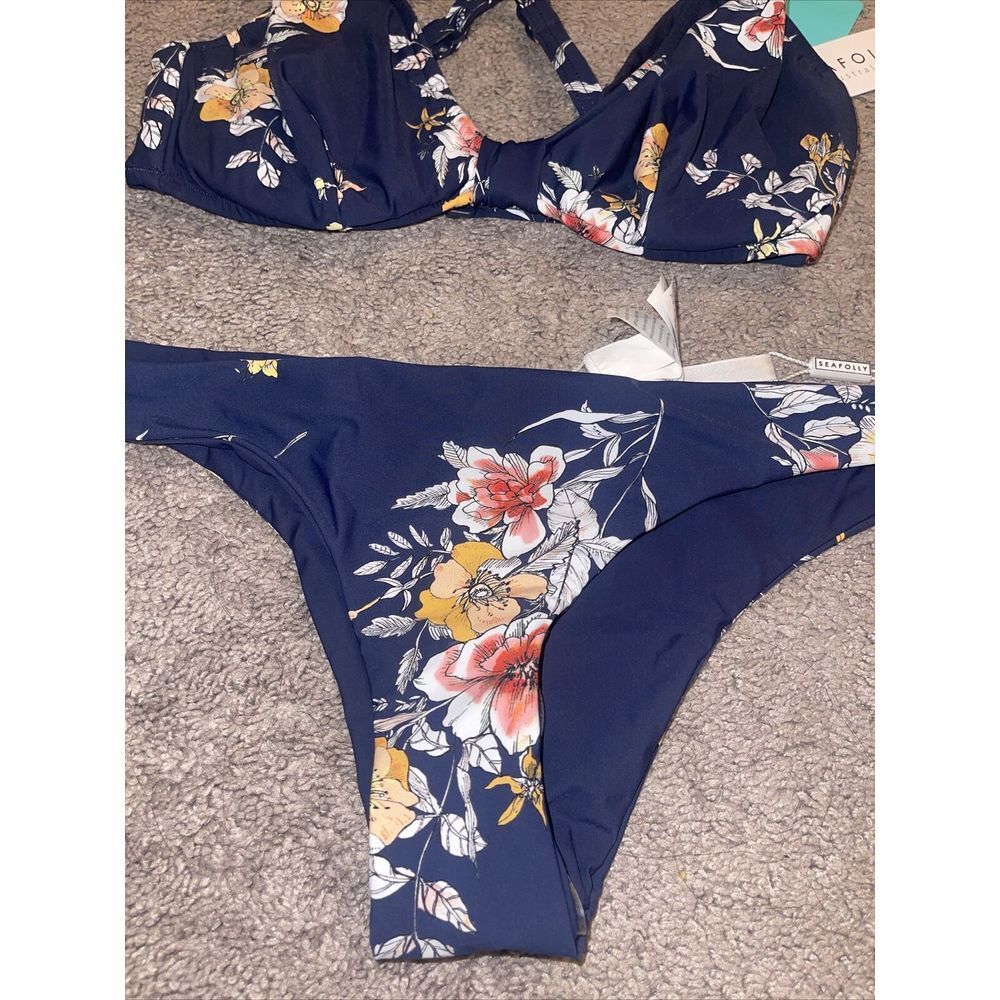Seafolly Midsummer Indigo Floral Bikini Swimwear Sz 4 US - Halter / Brazilian - Picture 2 of 4